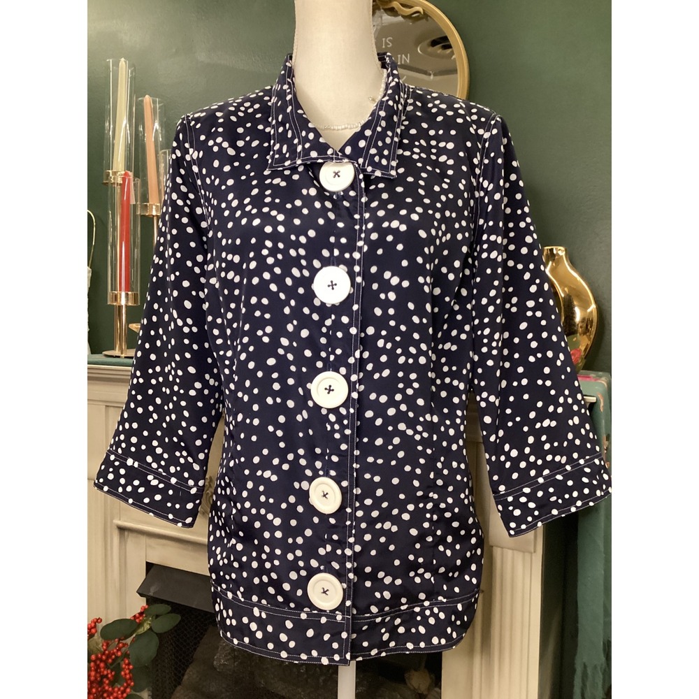 Multiples Navy Blue Polka Dot Jacket Large 3/4 Sleeve Oversized Button Front‎